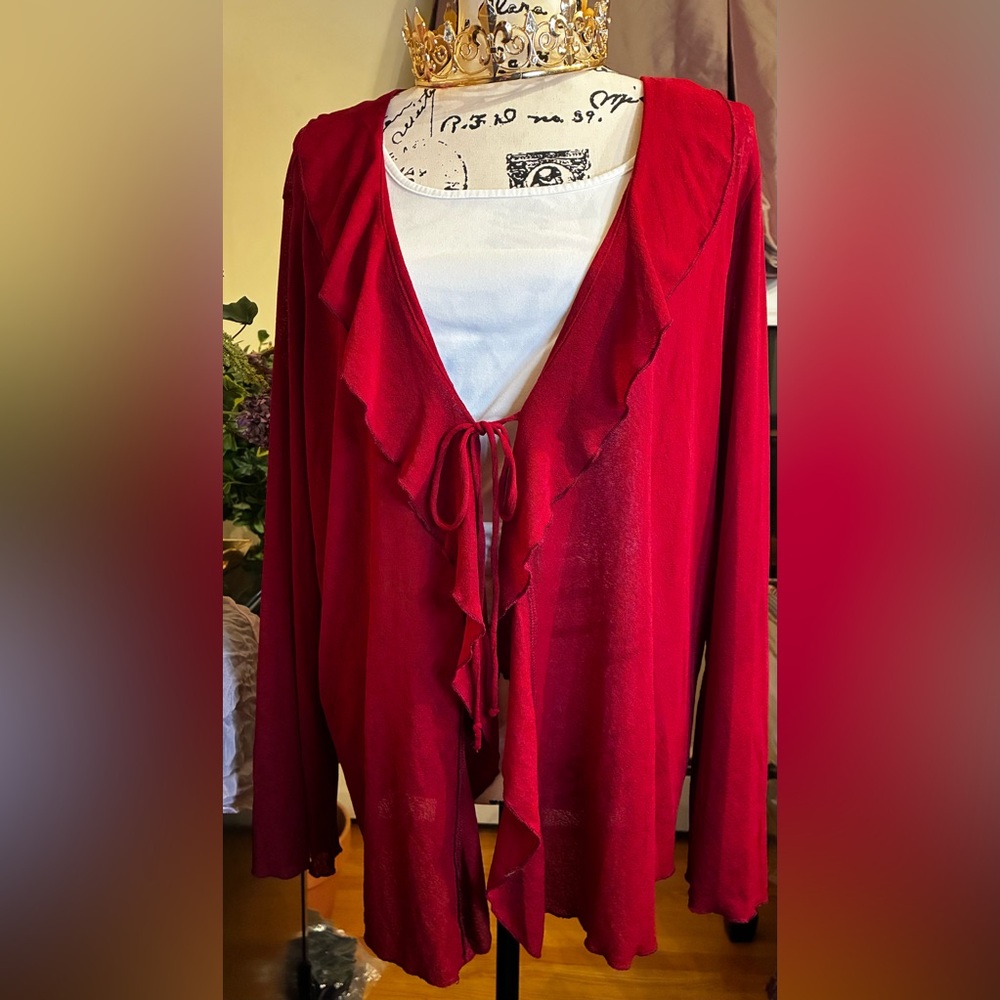 Vintage 2000s Y2K Venezia Sheer Red Ruffled V-Neck Open Cover Up Plus Size 22/24